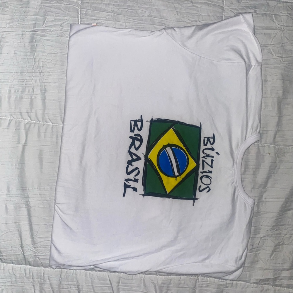 White Graphic T-Shirt with Brazil Flag Design